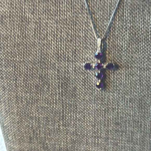 18 inch amethyst and CZ plat Over Sterling Silver Cross Pendant on Chain - Picture 4 of 4